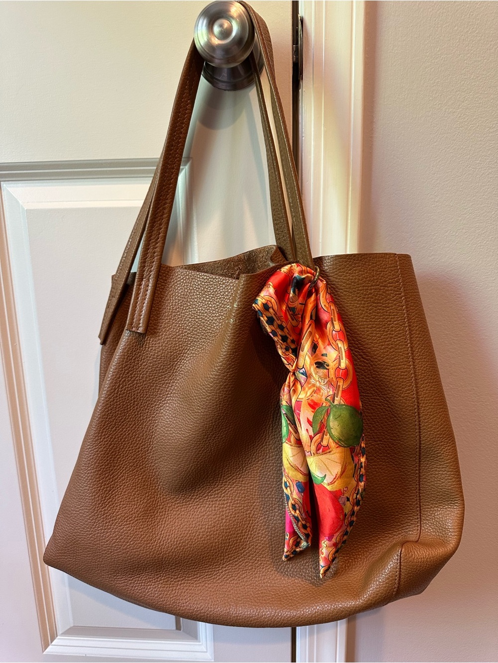 Classic Brown Leather Tote Bag with Decorative Scarf